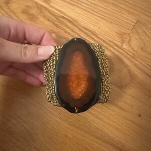 Gold Chain Cuff Bracelet with Amber Agate Center